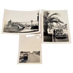 Vtg 1940s B&W Photo Ford Car Traveling Street Snapshot Driving Boardwalk Beach